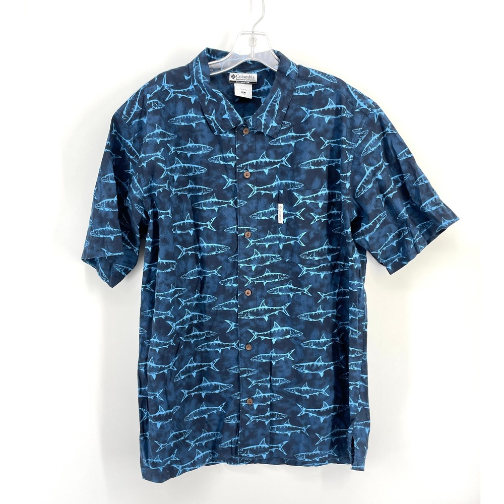 Columbia Sportswear Shark Print Short Sleeve Button Down Shirt Men's XL Blue